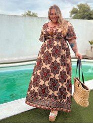 Flutter Sleeve Ethnic Printed Lace Up Plus Size Dress -  