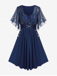 Robe Etoile Imprimée Bouclée avec Poches de Grande Taille à Manches Papillon - Bleu profond 5x | US 30-32