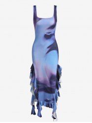 Ruffle Tie Dye Slit U Neck Midi Dress -  