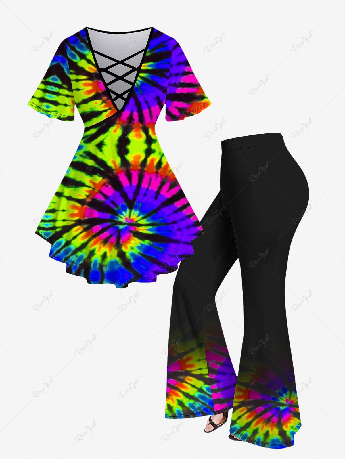 Sale Plus Size Tie Dye Crisscross Short Sleeve T-Shirt and Flare Pants 70s 80s Outfit  
