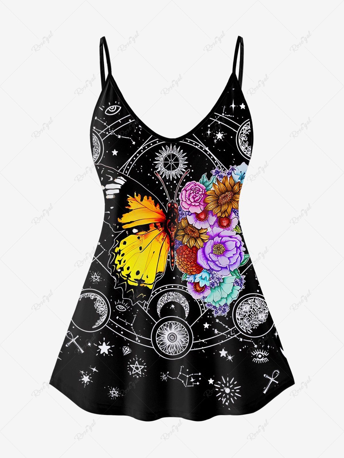 Store Plus Size Galaxy Butterfly Flowers Print Cami Top (Adjustable Shoulder Strap)  