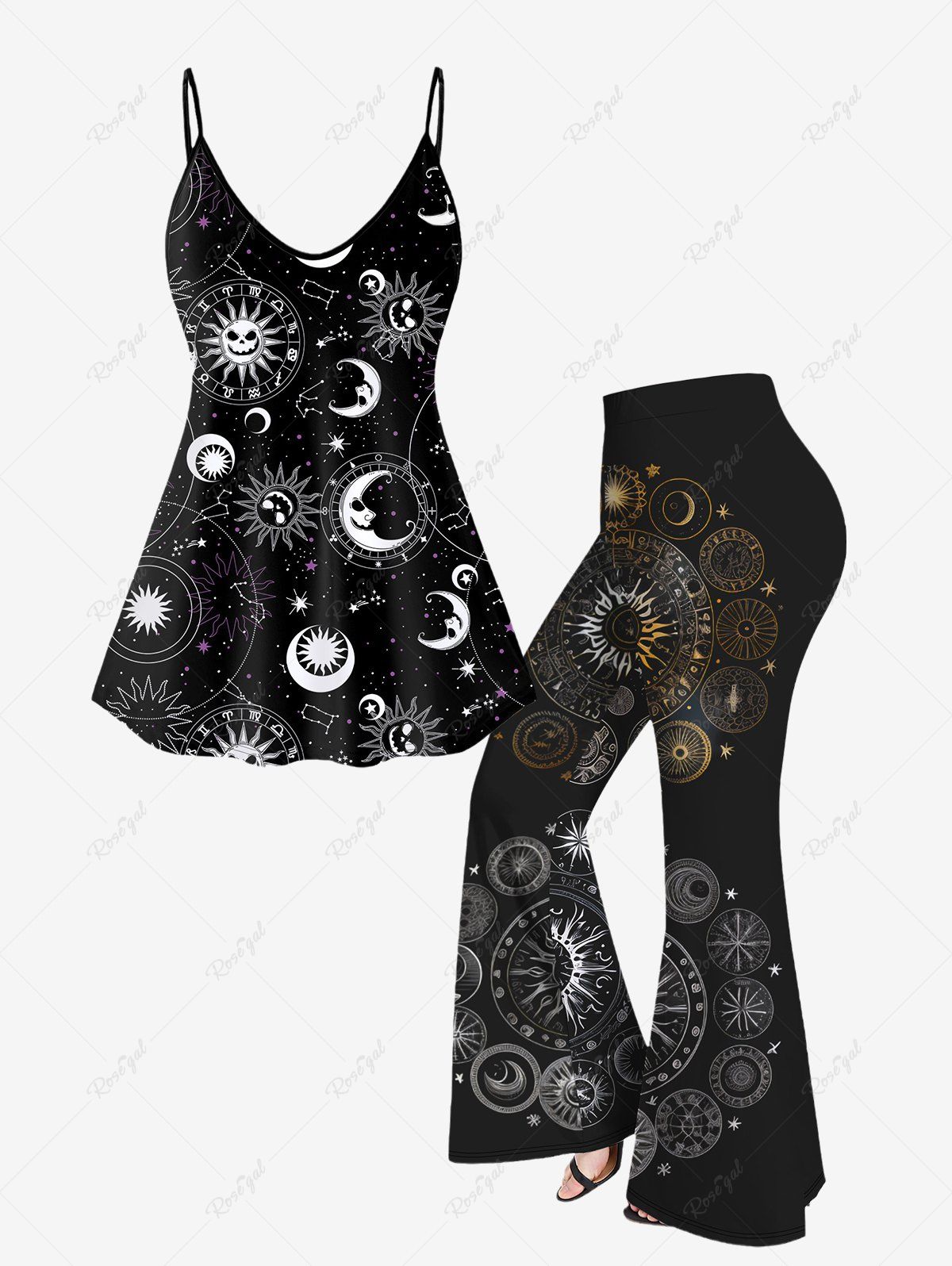 Online Gothic 3D Moon Sun Glitter Printed Spaghetti Strap Top(Adjustable Shoulder Strap) and Flare Pants Outfit  