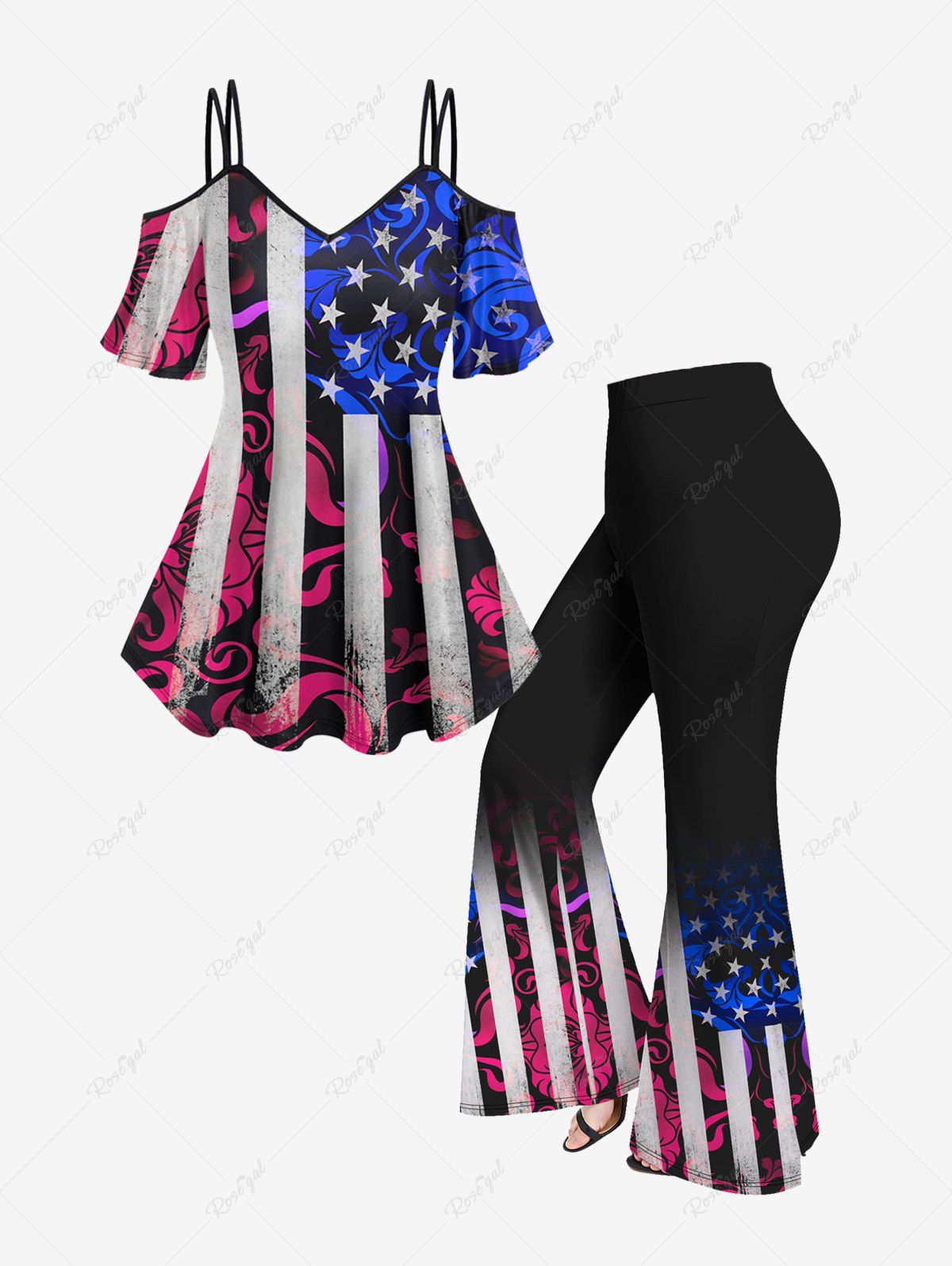 Discount American Flag Printed Cold Shoulder Tee and Flare Pants Plus Size Patriotic Outfit  
