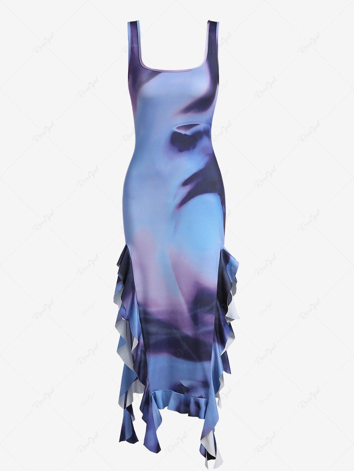 Online Ruffle Tie Dye Slit U Neck Midi Dress  