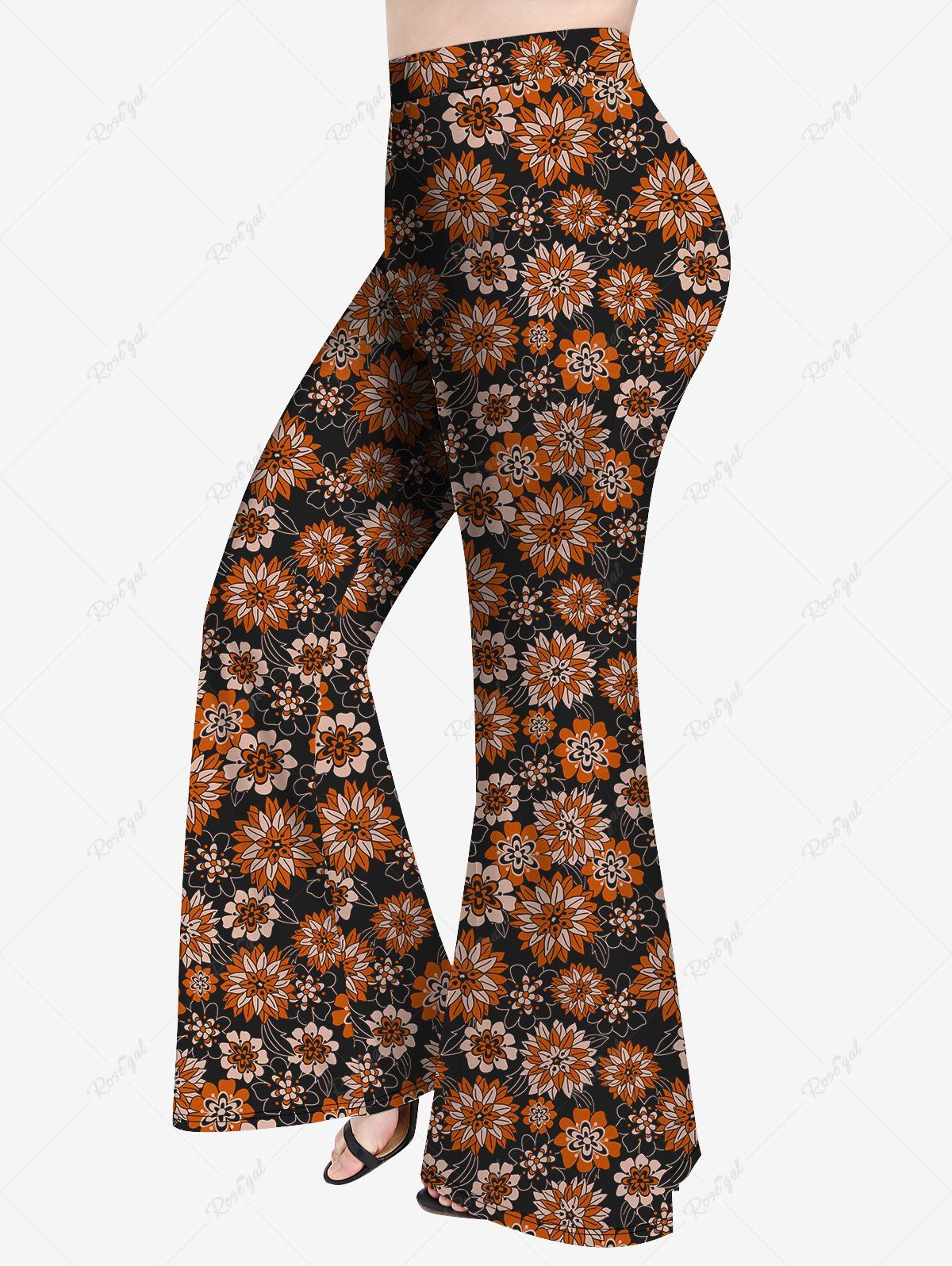 Pantalon Evasé Fleur Imprimée de Grande Taille Orange 5x | US 30-32