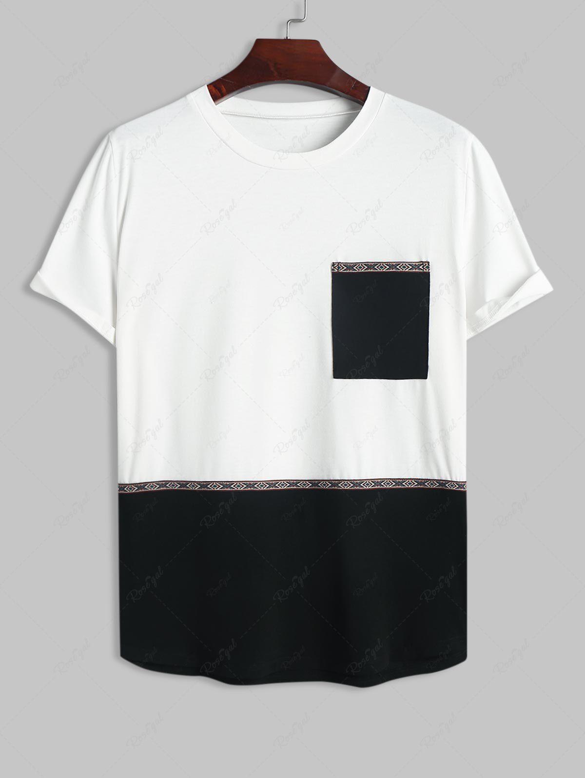 Chic Ethnic Style Jacquard Panel Front Pocket Colorblock Two Tone T-shirt  
