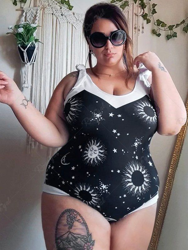 Latest Plus Size Moon Sun Printed Bowknot Two Tone Padded One-piece Swimsuit  