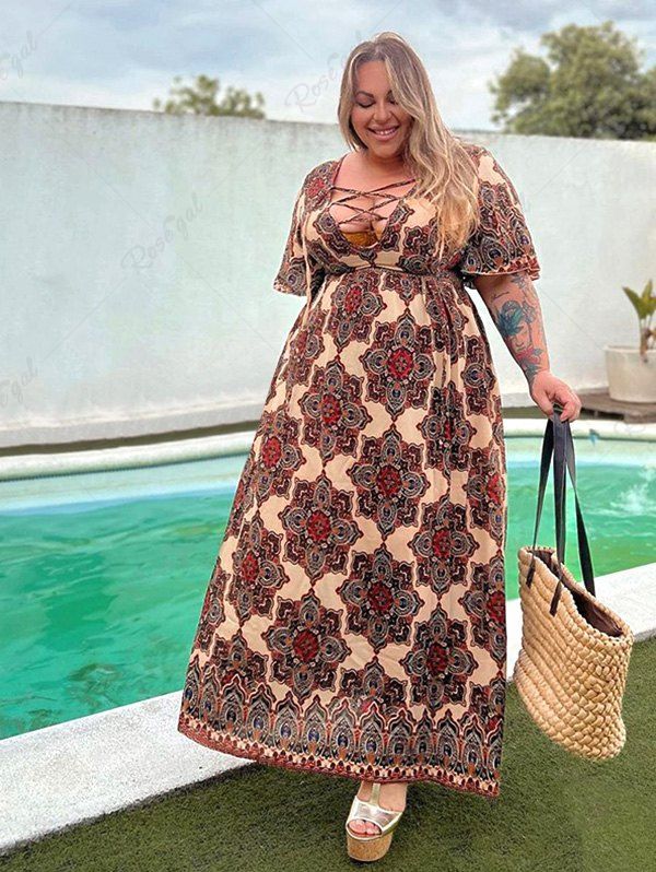 Cheap Flutter Sleeve Ethnic Printed Lace Up Plus Size Dress  