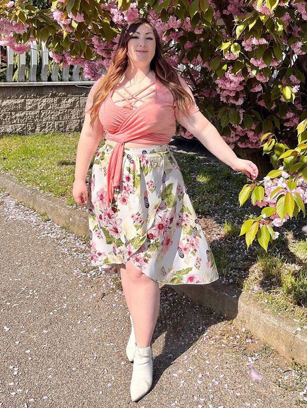 Store Plus Size Crossover Floral Print High Low Two Piece Dress  