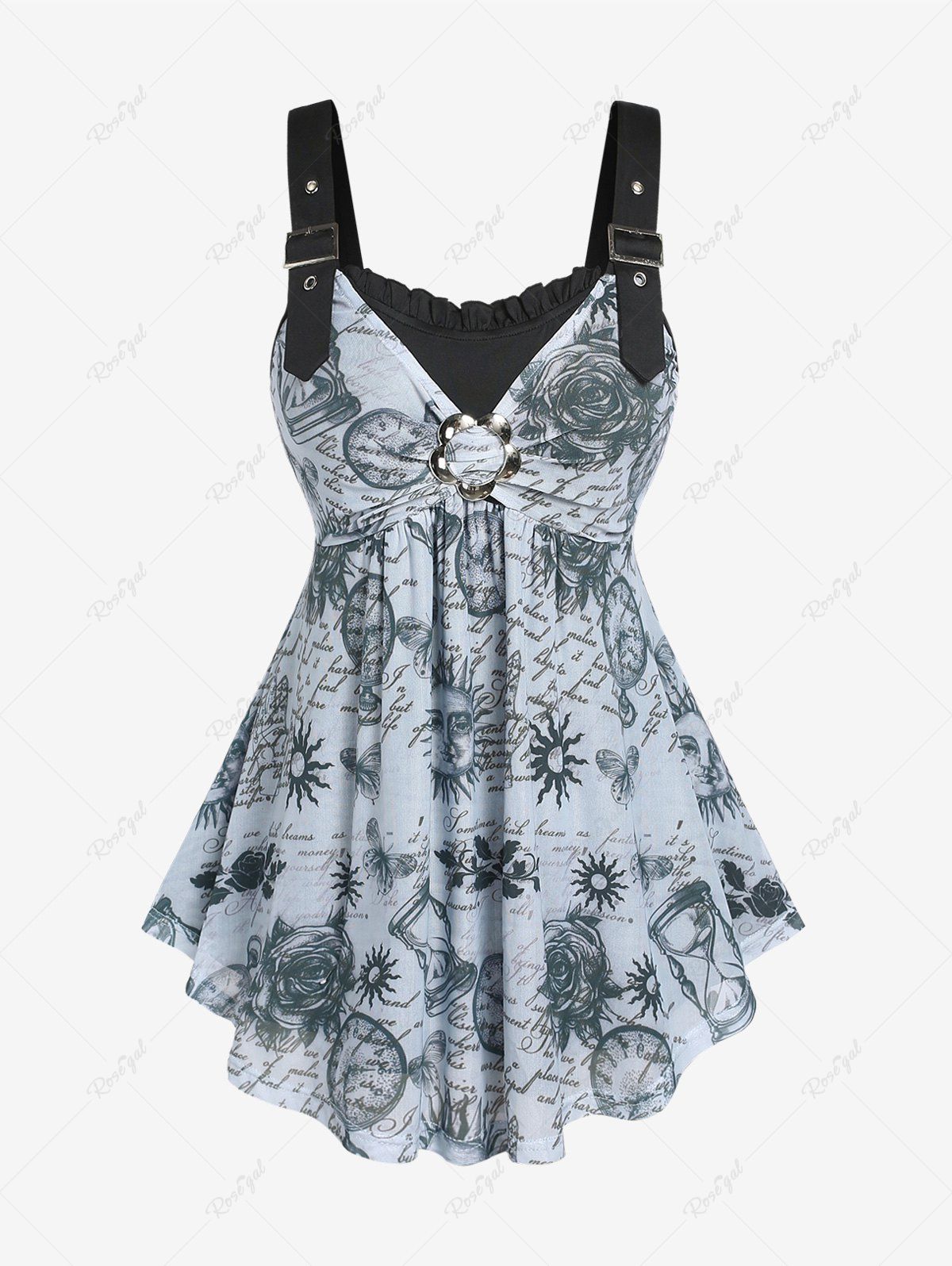 Store Plus Size Flower Leaves Butterfly Sun Print Buckle Ruched Cami Top  