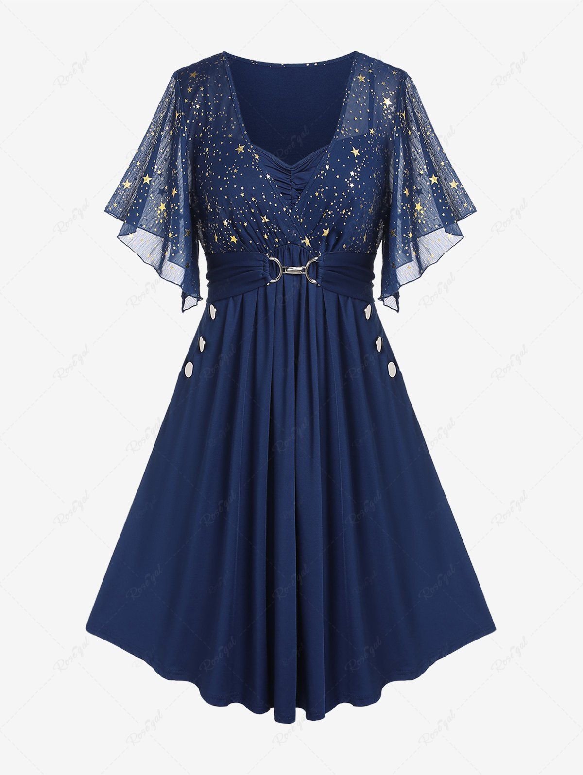 Robe Etoile Imprimée Bouclée avec Poches de Grande Taille à Manches Papillon Bleu profond 2X | US 18-20
