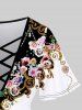 Plus Size Flower Chains Gem Colorblock Printed Crisscross Short Sleeve T-shirt and Flare Pants Outfit -  