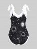 Plus Size Moon Sun Printed Bowknot Two Tone Padded One-piece Swimsuit -  