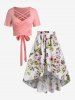 Plus Size Crossover Floral Print High Low Two Piece Dress -  