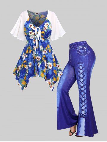Floral Cinched Ruched Handkerchief Tee and 3D Lace-up Printed Flare Pants Plus Size Outfit - BLUE