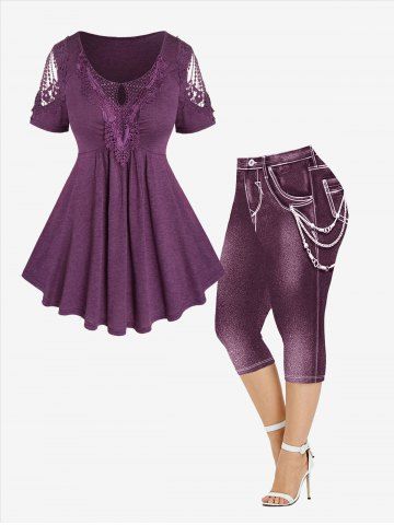 Ruched Lace Trim Hollow Out Short Sleeves T-shirt and 3D Chain Jeans Printed Leggings Plus Size Outfit