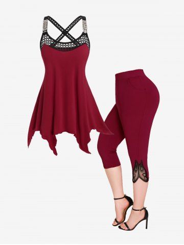 Hollow Out Lace Panel Chain Crisscross Top and Rhinestones Capri Jeggings Plus Size Summer Outfit