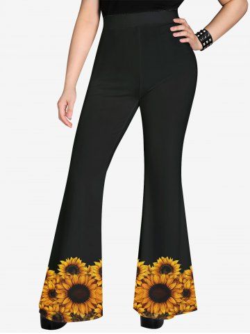 Gothic Sunflowers Print Flare Pants - BLACK - 2X