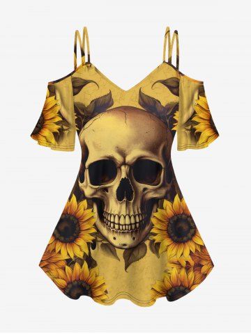 Gothic Skull Sunflowers Leaf Print Cold Shoulder T-shirt