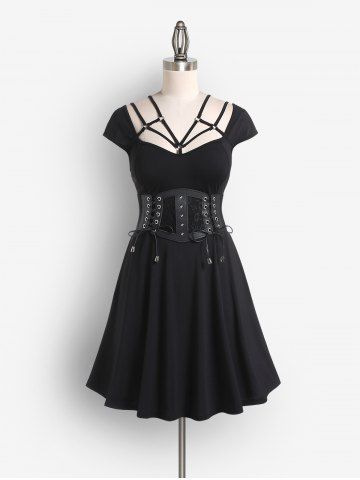 Strappy Rings A Line Dress And Lace-up Lace Panel PU Leather Corset Belt Gothic Outfit