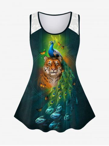 Plus Size Tiger Peacock Butterfly Fish Print Lace Insert Tank Top - DEEP GREEN - S | US 8