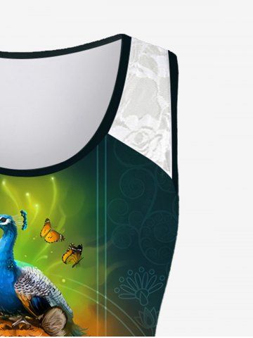 Plus Size Tiger Peacock Butterfly Fish Print Lace Insert Tank Top