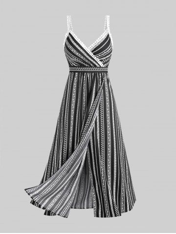 Plus Size Lace Trim Ethnic Print Surplice Dress - BLACK - 3X | US 22-24