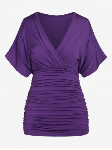 Plus Size Ruched Surplice Pleated Tunic T-shirt - PURPLE - 3X | US 22-24
