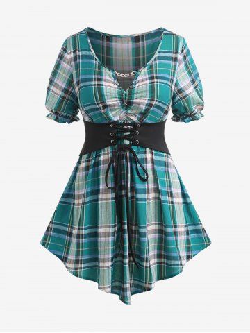 Plus Size Lace-up Waisted Ruffles Chain Keyhole Plaid Blouse - GREEN - M | US 10