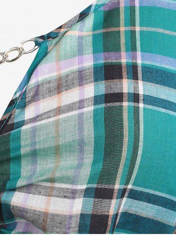 Plus Size Lace-up Waisted Ruffles Chain Keyhole Plaid Blouse