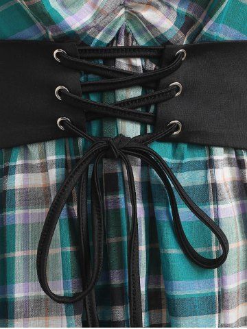 Plus Size Lace-up Waisted Ruffles Chain Keyhole Plaid Blouse