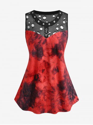 Gothic Tie Dye Fishnet Overlay Grommets Sleeveless Top - RED - M | US 10