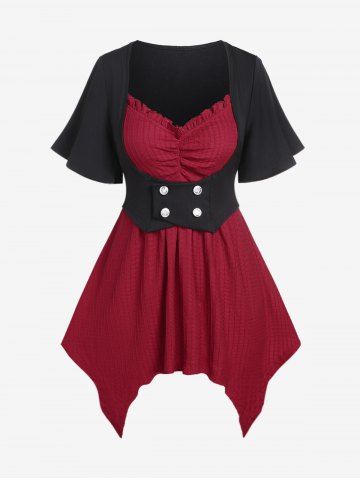 Plus Size Ruffles Ruched Buttons Two Tone Textured Handkerchief  2 in 1 Tee - RED - M | US 10