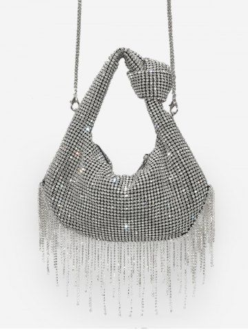 Slouchy Rhinestone Fringed Knot Evening Party Bag - SILVER