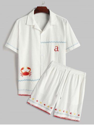 Marine Life Embroidery Short Sleeves Shirt With Shorts Beach Vacation Two Piece Set - WHITE - XXL