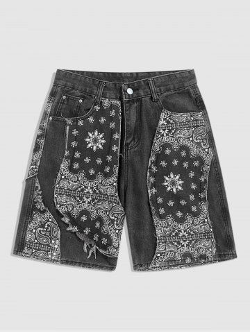 Paisley Pattern Frayed Hem Denim Shorts - DARK GRAY - S