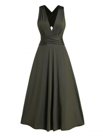 Solid Color Multi-way Plunge Bandage Party Midi Dress - DEEP GREEN - L