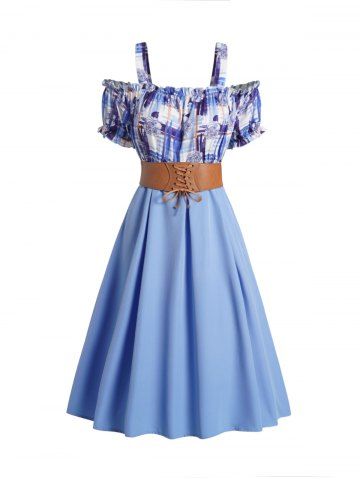 Cold Shoulder Plaid Flower Print Ruffle Lace Up Belted High Waisted A Line Midi Dress - LIGHT BLUE - XL