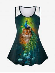 Plus Size Tiger Peacock Butterfly Fish Print Lace Insert Tank Top -  