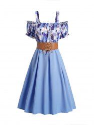 Robe Mi-Longue Linge A Ceinturée à Imprimé Fleur à Carreaux à Epaule Dénudée à Lacets - Bleu clair XL