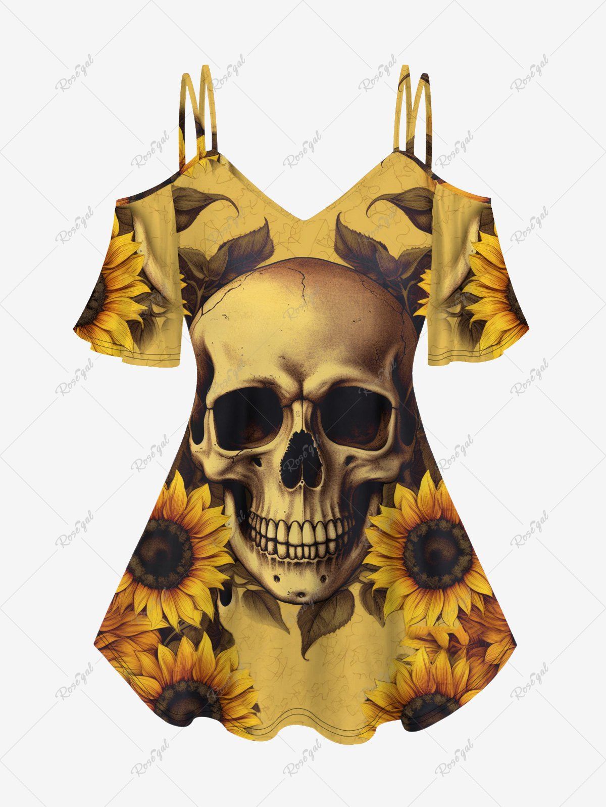 Unique Gothic Skull Sunflowers Leaf Print Cold Shoulder T-shirt  