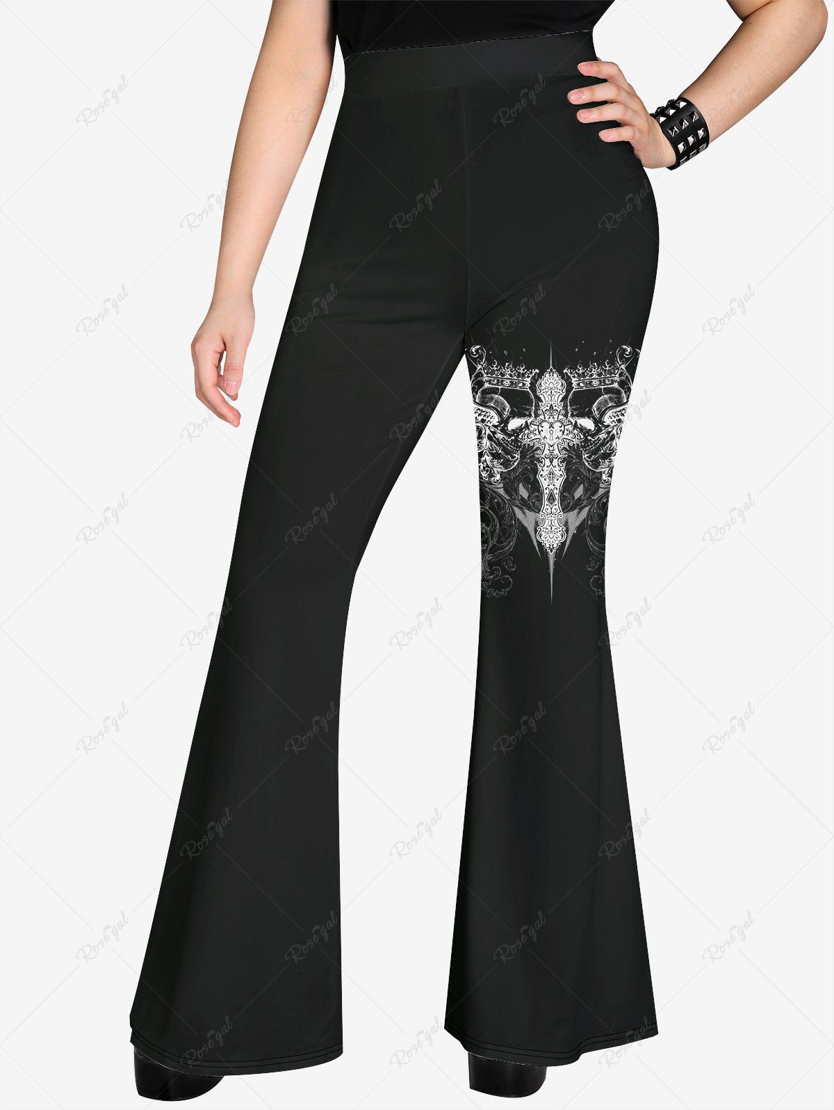 Sale Gothic Skulls Cross Print Flare Pants  