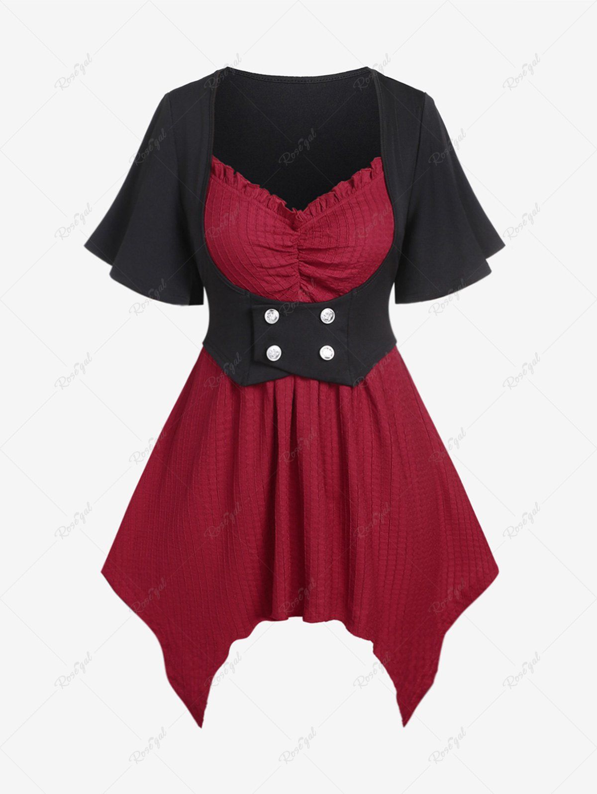 Outfit Plus Size Ruffles Ruched Buttons Two Tone Textured Handkerchief  2 in 1 Tee  