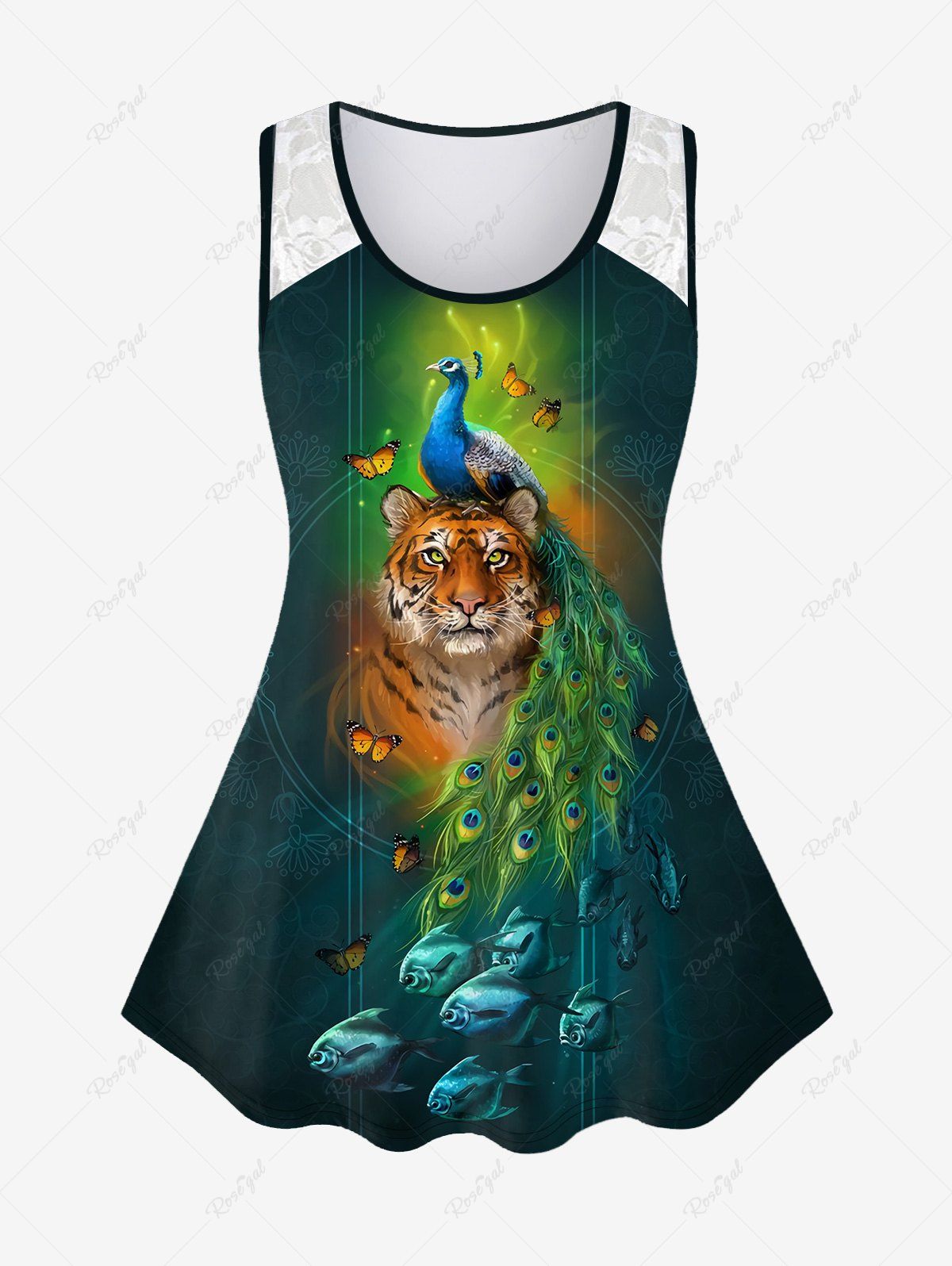 Trendy Plus Size Tiger Peacock Butterfly Fish Print Lace Insert Tank Top  