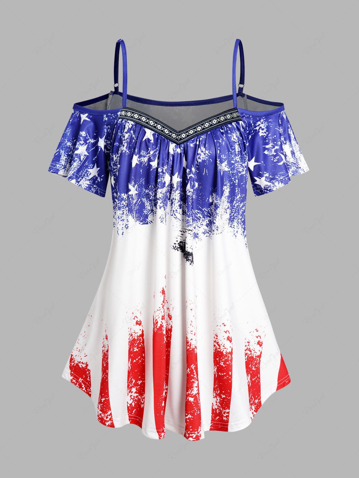Latest Cold Shoulder Star Striped Geometric Print Patriotic Long T Shirt  