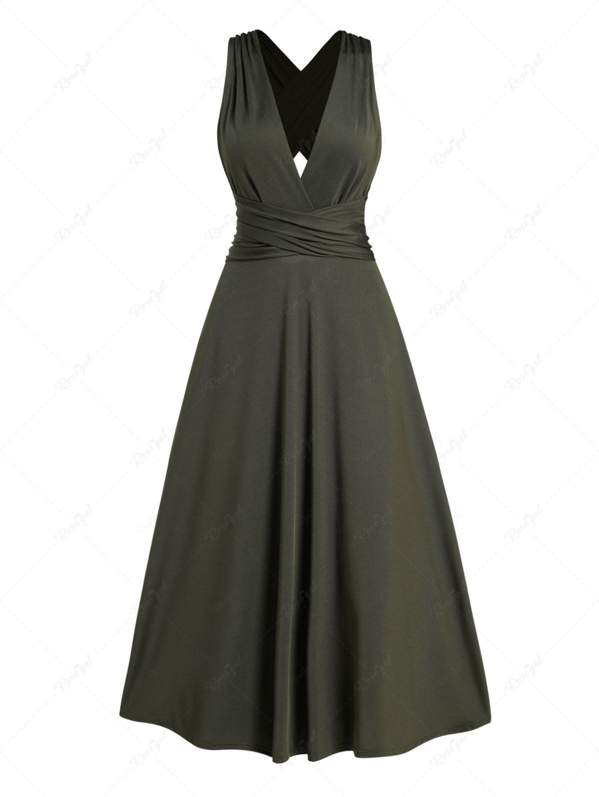 Robe de Soirée Mi-longue Plongeante en Couleur Solide Vert profond L