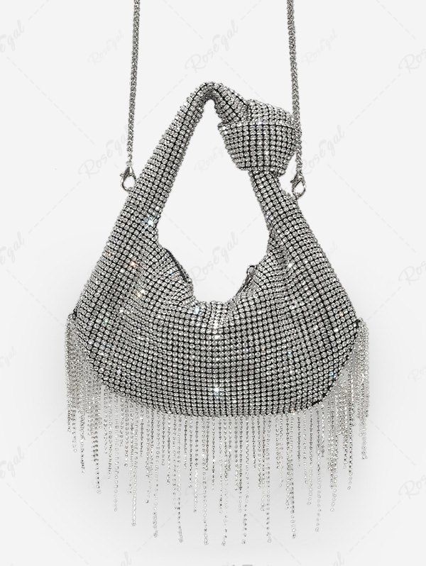 Store Slouchy Rhinestone Fringed Knot Evening Party Bag  