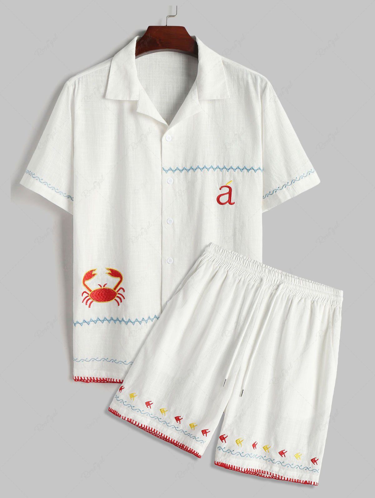 Latest Marine Life Embroidery Short Sleeves Shirt With Shorts Beach Vacation Two Piece Set  