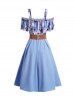 Cold Shoulder Plaid Flower Print Ruffle Lace Up Belted High Waisted A Line Midi Dress -  