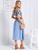 Robe Mi-Longue Linge A Ceinturée à Imprimé Fleur à Carreaux à Epaule Dénudée à Lacets - Bleu clair XL